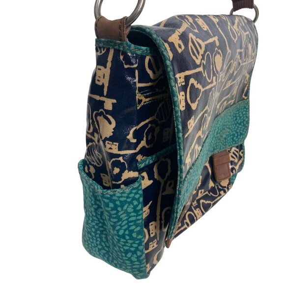 Fossil Key Per Coated Canvas Messenger Bag Blue Key Print Adjustable Strap - Picture 13 of 16